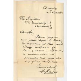 P Hague - Adelaide - Asks for Final Certificate