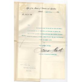 James Bath - Secretary - Minister of Education - Adelaide - Approves Scholarships to James Michael Fox and F A Jennings