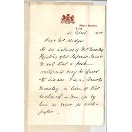 J C H James - Perth - Asks for duplicate Certificate Junior Examination F A Moseley