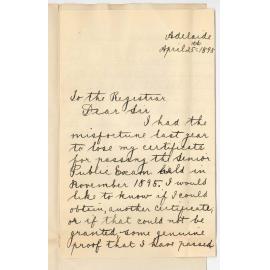 Henry L Kennedy - Adelaide - Asking for Duplicate Certificate Senior Public Examination