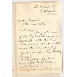 Judah Moss Solomon - Secretary Law Debating Society - Permission name Society University and asking use of room