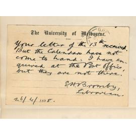 Librarian University of Melbourne - Calendars said to be sent 13-4-1898 missing