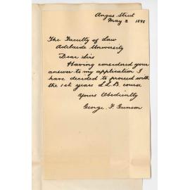 George F Gunson - Adelaide - Intends proceeding with LLD Degree Course