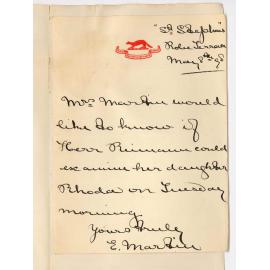 Mrs E Martin - North Adelaide - Entrance Examination to Conservatorium for Rhoda Martin