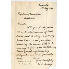 W A Murray - Kapunda - Information re Preliminary and Junior Public Examination