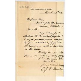 C J N Eberlein - Cape Town School of Music - Application for position in Conservatorium