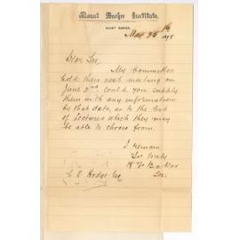 H Baker - Secretary Mount Barker Institute - Concerning Extension Lectures