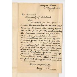 George F Gunson - Angas Street - Asking that balance of fee standing to credit since 1895 be used for LLB fees