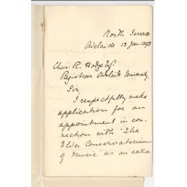 Miss Florence W Campbell - Adelaide - Application as Extra Teacher of Piano in Conservatorium