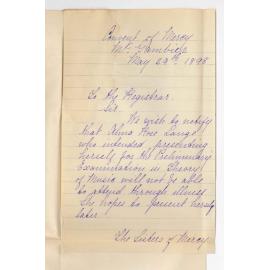 Convent of Mercy - Mount Gambier - Alma Rose Lange wishes to withdraw from Primary owing to illness