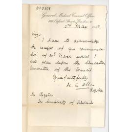 Registrar H E Allen - General Medical Council London - Acknowledging Communication 30 March 1898 which will be placed before Education Commission