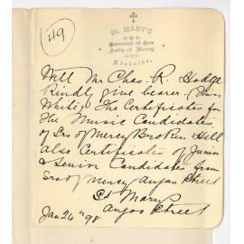 St Marys Convent - Angas Street - Request for Certificates for their Candidates and for those of the Broken Hill Convent