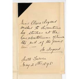 Mrs M Rogers - South Terrace - Miss Clara Rogers wishes to discontinue studies at Conservatorium