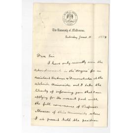 W H Green BSc - Melbourne - Application for Position of Assistant Lecturer and Demonstrator in Chemistry