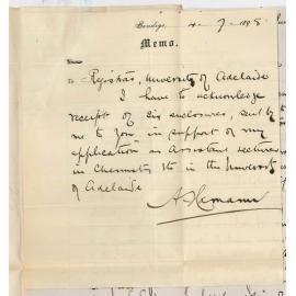 Adolph Hamann - Bendigo - Application as Assistant Lecturer and Demonstrator in Chemistry