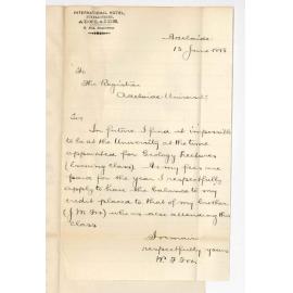 William R Fox - Adelaide - Asking that fees paid for Geology be placed to brothers credit