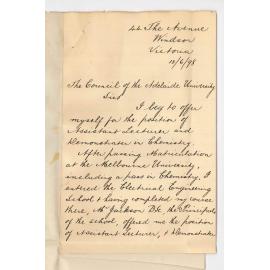 C W Sims - Windsor Victoria - Application Position of Assistant Lecturer and Demonstrator in Chemistry