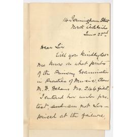 Bessie Scott - North Adelaide - Points Clare M D Delano failed in Primary Exam and requesting interview with Professor Joshua Ives