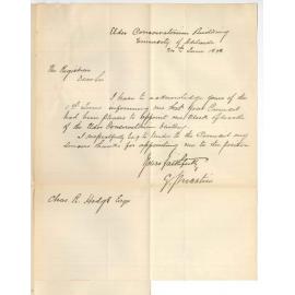 G S Martin - Thanking Council for Appointment as Clerk of Works of the Conservatorium