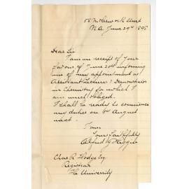 Alfred James Higgin - North Adelaide - Thanks for Appointment Assistant Lecturer and Demonstrator in Chemistry