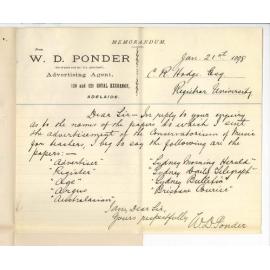 W D Ponder - Advertising Agent - Adelaide - List of Papers for Conservatorium Advertisement