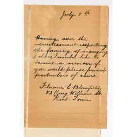 Florence E Blomfield - 52 King William Street Kent Town - Particulars re Singing Class