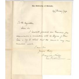 Mrs J G Kelly - Nee Miss Franziska Puttmann - Declaration that Mus Bac Exercise is her own unaided composition