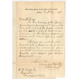 Joseph Robert George Adams - Public Library - Re contributing a Paper to be read at the Library Conference