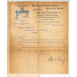 Albert Bate - Virgil Practice Clavier - British Company Limited London - Acknowledging Cheque and returning receipt