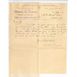 Walter C Torode - Stirling West and Unley - Conservatorium Buildings - Request for payments of £1000 for July and £1000 for August
