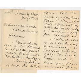 Miss Marion Kirkwood Kemp - Currency Creek - Request to sit at Mus Bac Examination without attendance at Lectures