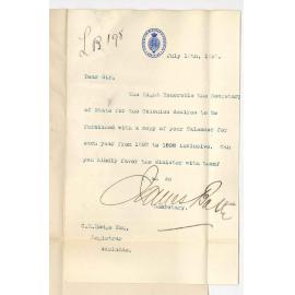 James Bath - Secretary - Minister of Education - Request for Calendar from 1892 to 1898 inclusive