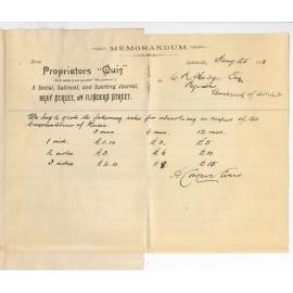 Harry Congreve Evans - Quiz Office - Adelaide - Rates quoted for advertising Conservatorium of Music in Quiz