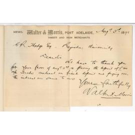 Walter and Morris - Port Adelaide - Acknowledgment of letter placing £300 on fixed deposit