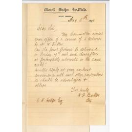 H T Baker - Secretary Mount Barker Institute - Accepting offer of Course of Lectures by Mr Fuller