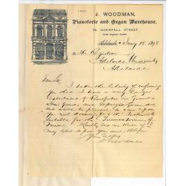 J Woodman - Pianoforte and Organ Warehouse - Adelaide - Offering to supply Pianos for Conservatorium of Music