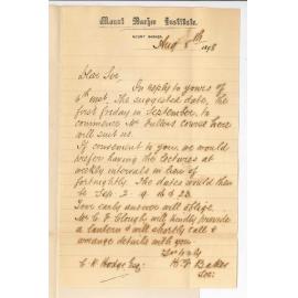 H F Baker - Secretary Mount Barker Institute - Mr Fullers course of Lectures at Mount Barker