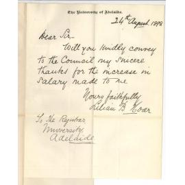 Miss Lilian B Hoar - The University - Thanking Council for increase of Salary