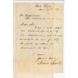 Frank Sewell - Port Pirie - Request for balance of Scholarship £4-18-0