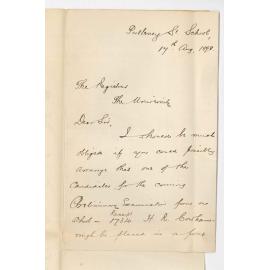 Donald Kerr B A - Pulteney Street School - Request H R Cowham be placed in front row Preliminary Exam as Candidate is deaf