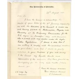 George Frederic Dodwell - University - Thanking Council for crediting him with having passed Math Physics and Chemistry etc last November 1897