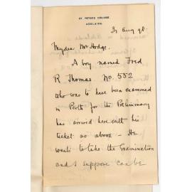Reverend H Girdlestone - St Peters College - Request for WA Candidate Preliminary Fred R Thomas 552 to be Examined in Adelaide