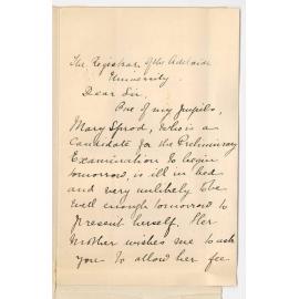 Miss Caroline Jacob - North Adelaide - Withdrawing Mary Sprod from Preliminary Exam