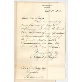 Alfred James Higgin - University - Acknowledging Appointment as Examiner in Chemistry for Junior and Senior Public Exams in December