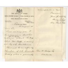 Harry S Levy - Sydney - Notifying that Mr Frederic Cliffe will represent the Associated Board at the November Exam