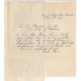 Laura Olga Hedwig Heyne - 96 Sydenham Road Norwood - Notice of intention to sit for Evening Scholarship Examination in March 1898