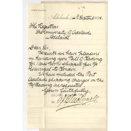 George Wills and Company - Grenfell Street - Bill of Lading for Case of Books sent on SS Warrigal to London