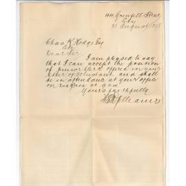 H S Williams - Grenfell Street - Accepting position of Junior Clerk