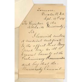 Miss Caroline Jacob - North Adelaide - Enclosing Medical Certificate and asking that all fee paid will permit her enter next Preliminary in March 1899