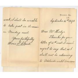 Miss Doris I Cloud - Wallaroo Bay - Unable to take part in Music on Monday 19th Instant